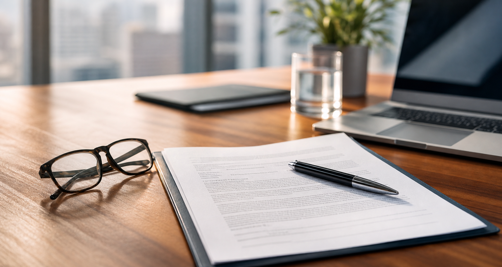 Modern Corporate Workspace with Contract Document and Laptop